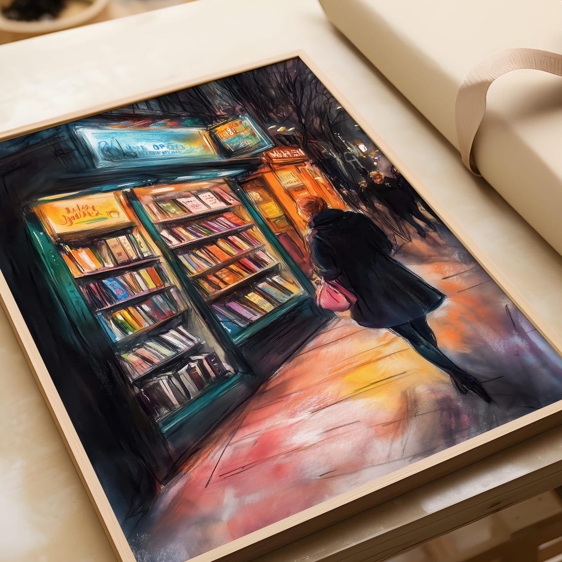 Autumn Night Bookshop Glowing Bookstore Street Scene Art Poster - Image 5