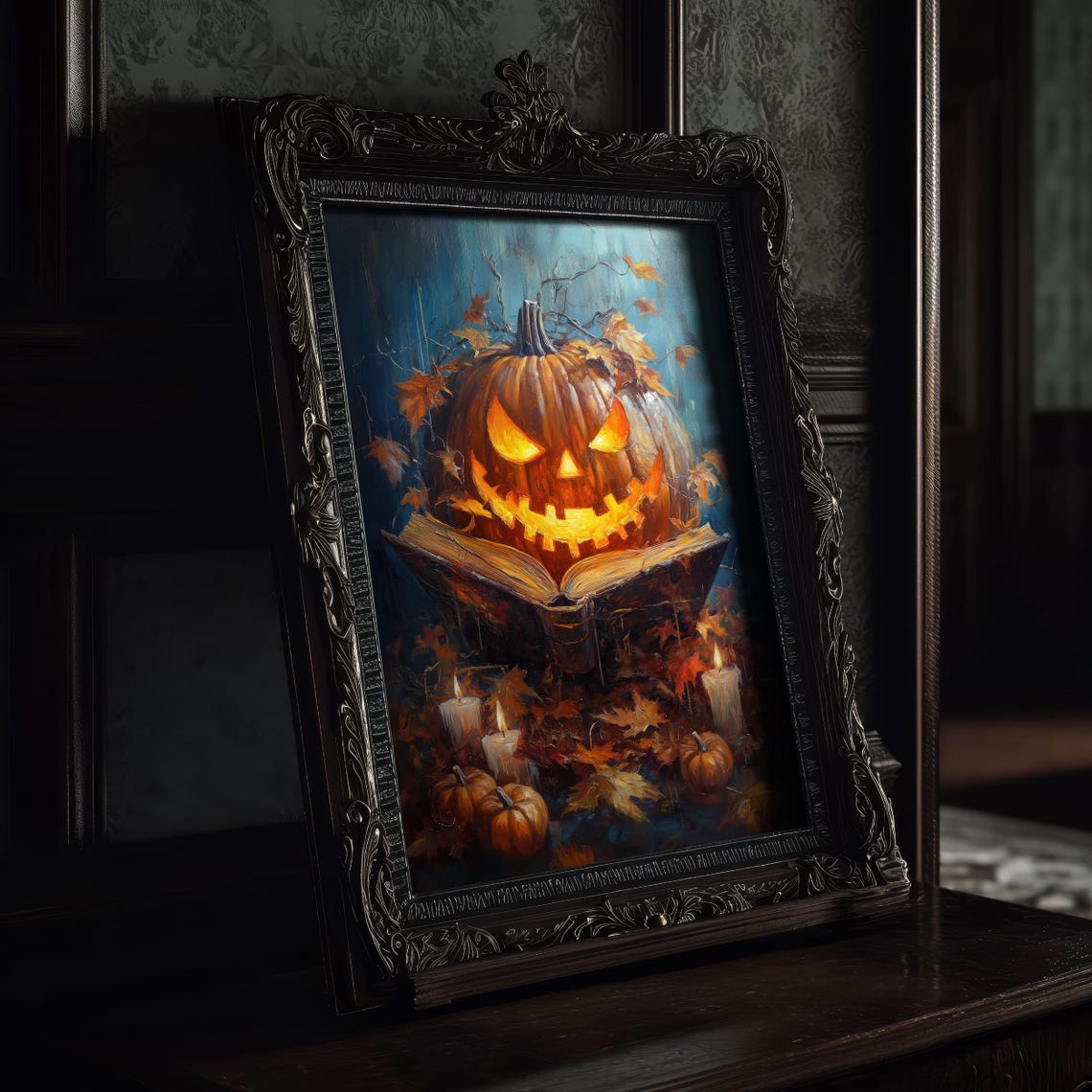 Spooky Glowing Pumpkin Reading Open Book Halloween Night Poster - Image 3