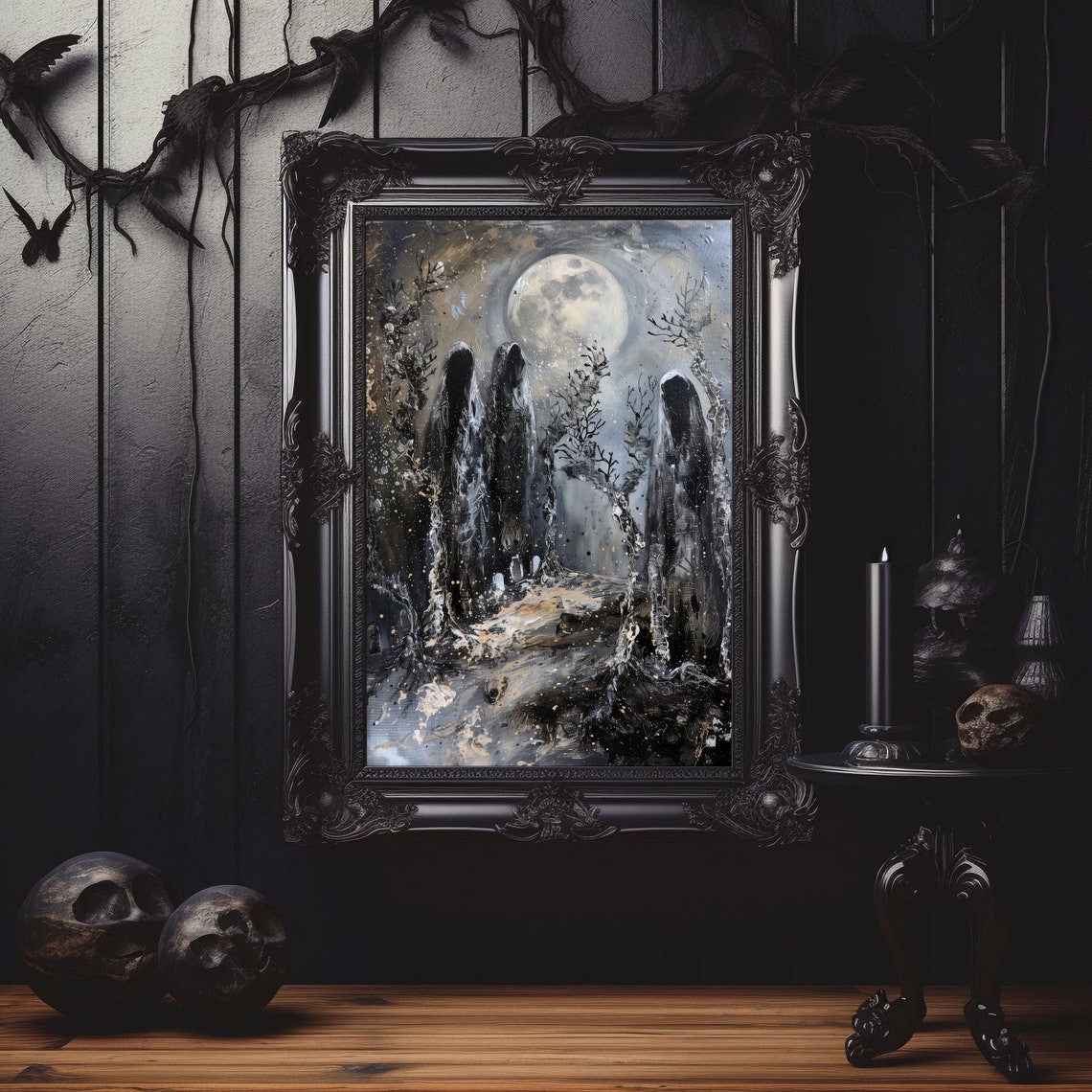 Ghosts Among Dead Trees Under Full Moon Gothic Night Art Poster - Image 5