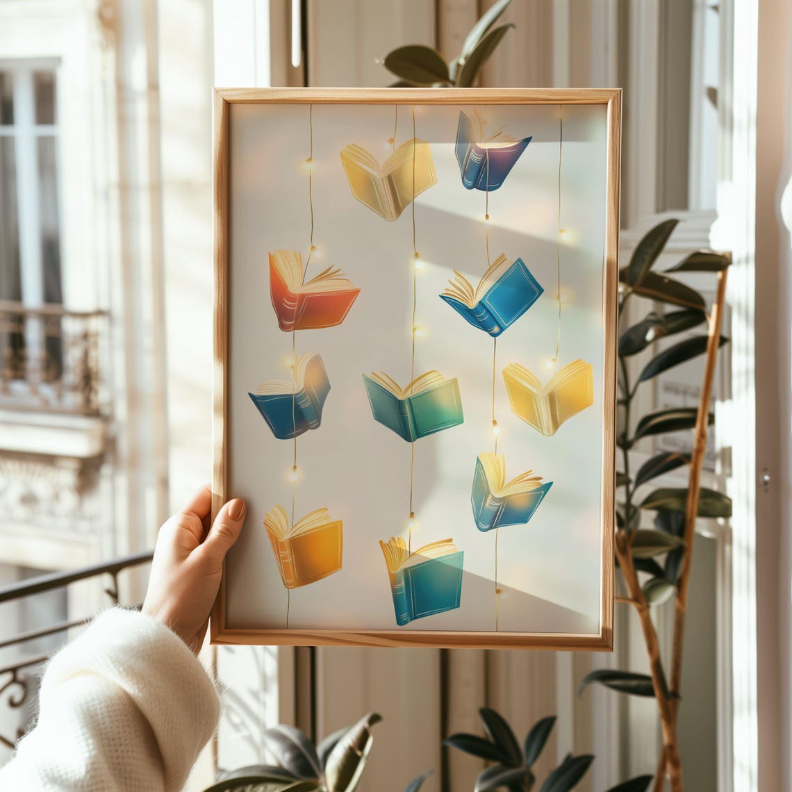 Colorful Floating Books With Fairy Lights Library Art Poster - Image 3