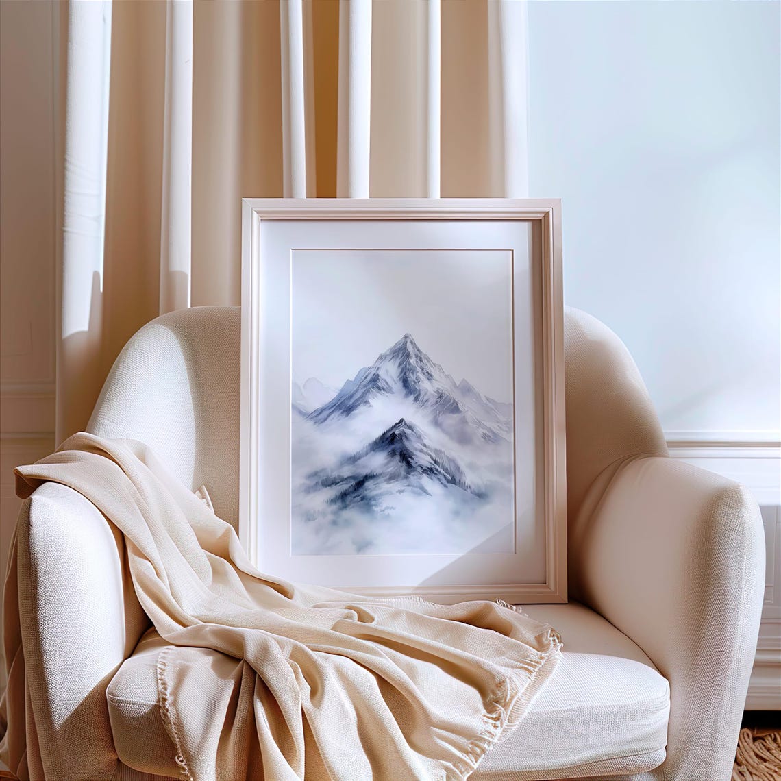 Minimalist Snowy Mountain Peak Dissolving into Soft Misty Fog Poster - Image 3