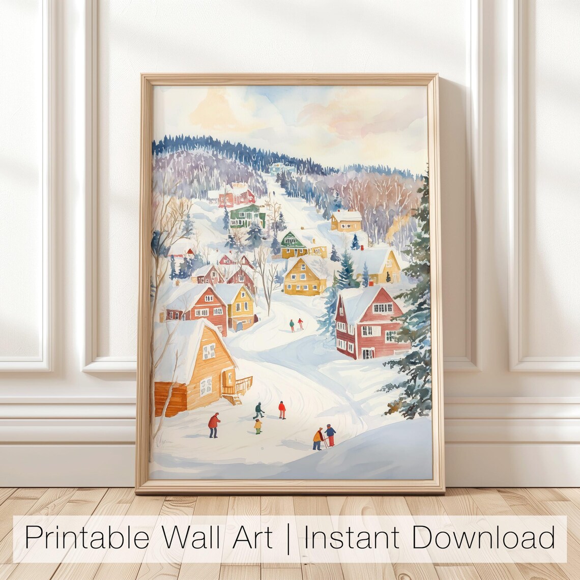Snowy Winter Village Watercolor Ski Town Scene Holiday Art Poster