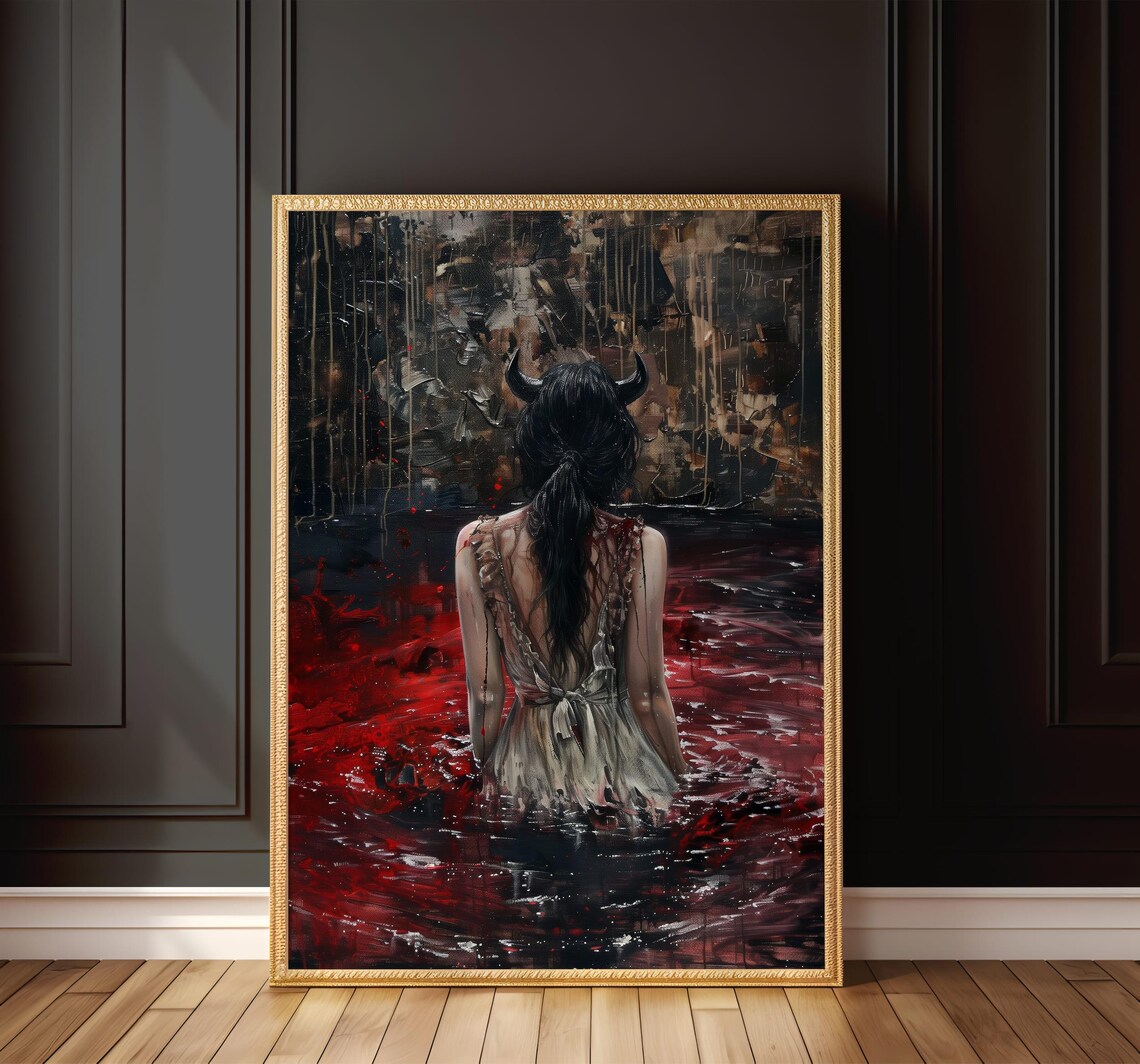 Horned Demon Woman Dark Waters Gothic Fantasy Portrait Art Poster