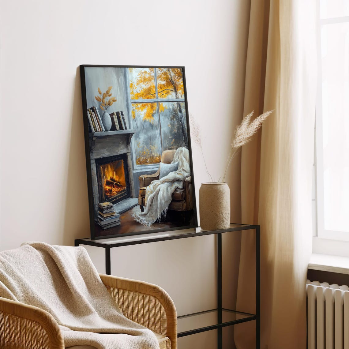 Cozy Fireplace Reading Corner With Autumn Window View Poster - Image 3