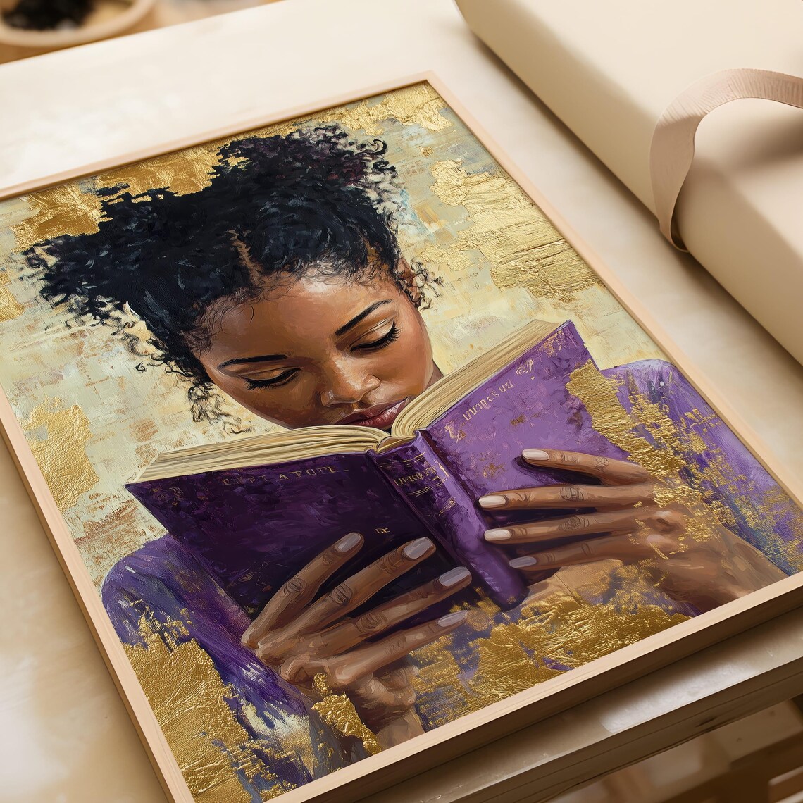 African American Woman Reading Purple Book Gold Leaf Art Poster - Image 7