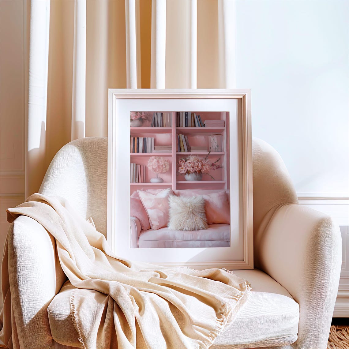 Pink Home Library Bookshelf Cozy Reading Nook Roses Decor Wall Art - Image 3