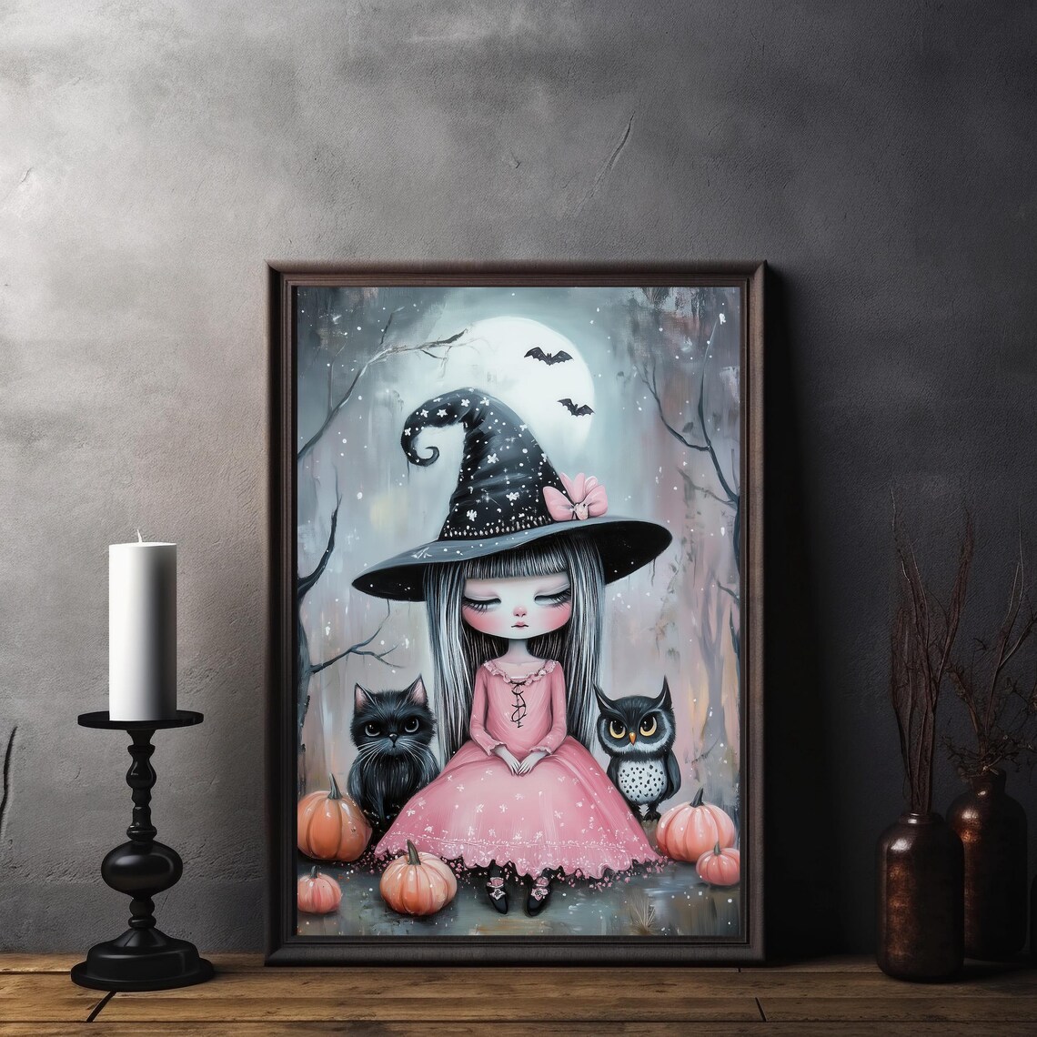 Cute Witch Girl With Cat Owl Moon Pink Halloween Fantasy Art Poster - Image 7