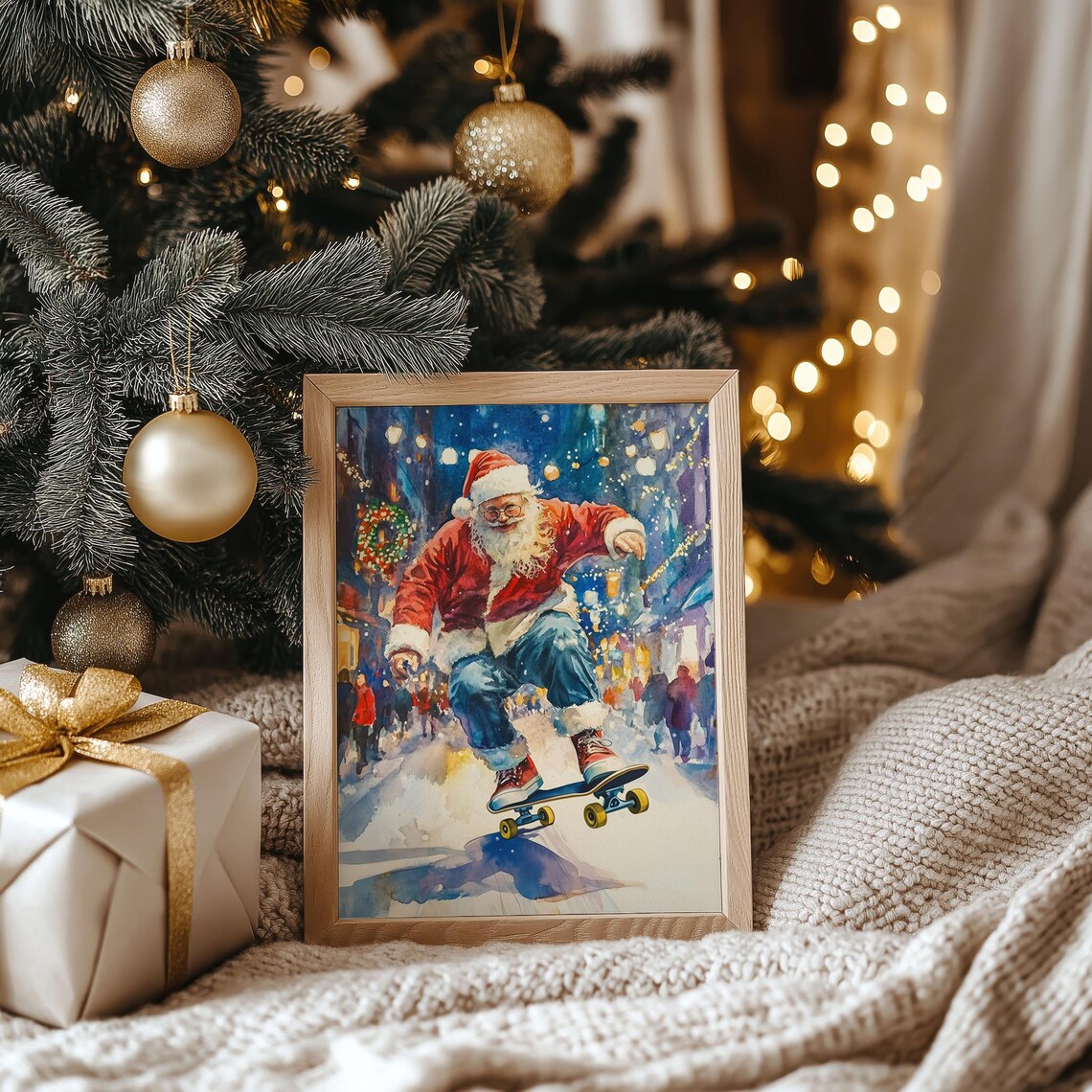Santa Claus Skateboarding Through Snowy City Street Night Poster - Image 7