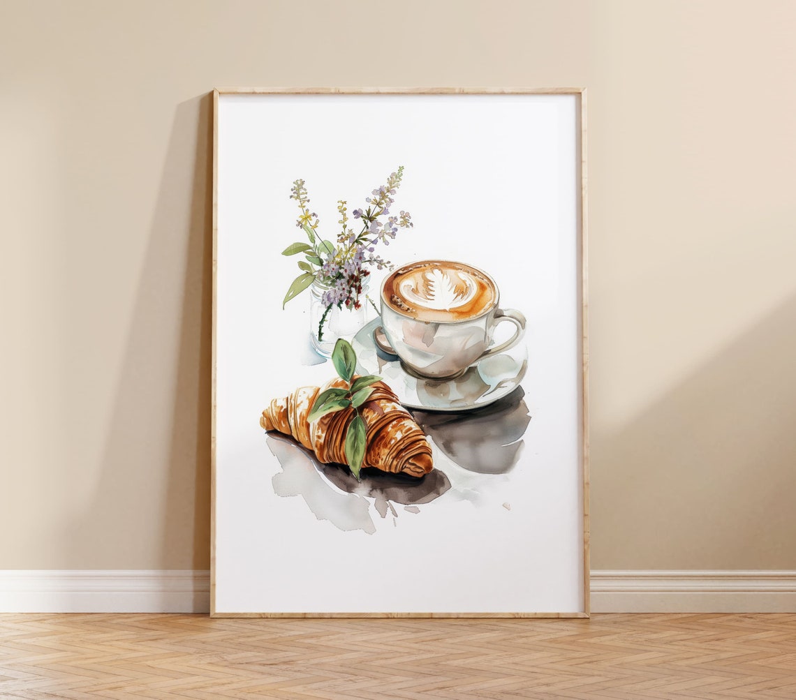 Coffee Latte Art Croissant Watercolor Breakfast Kitchen Print