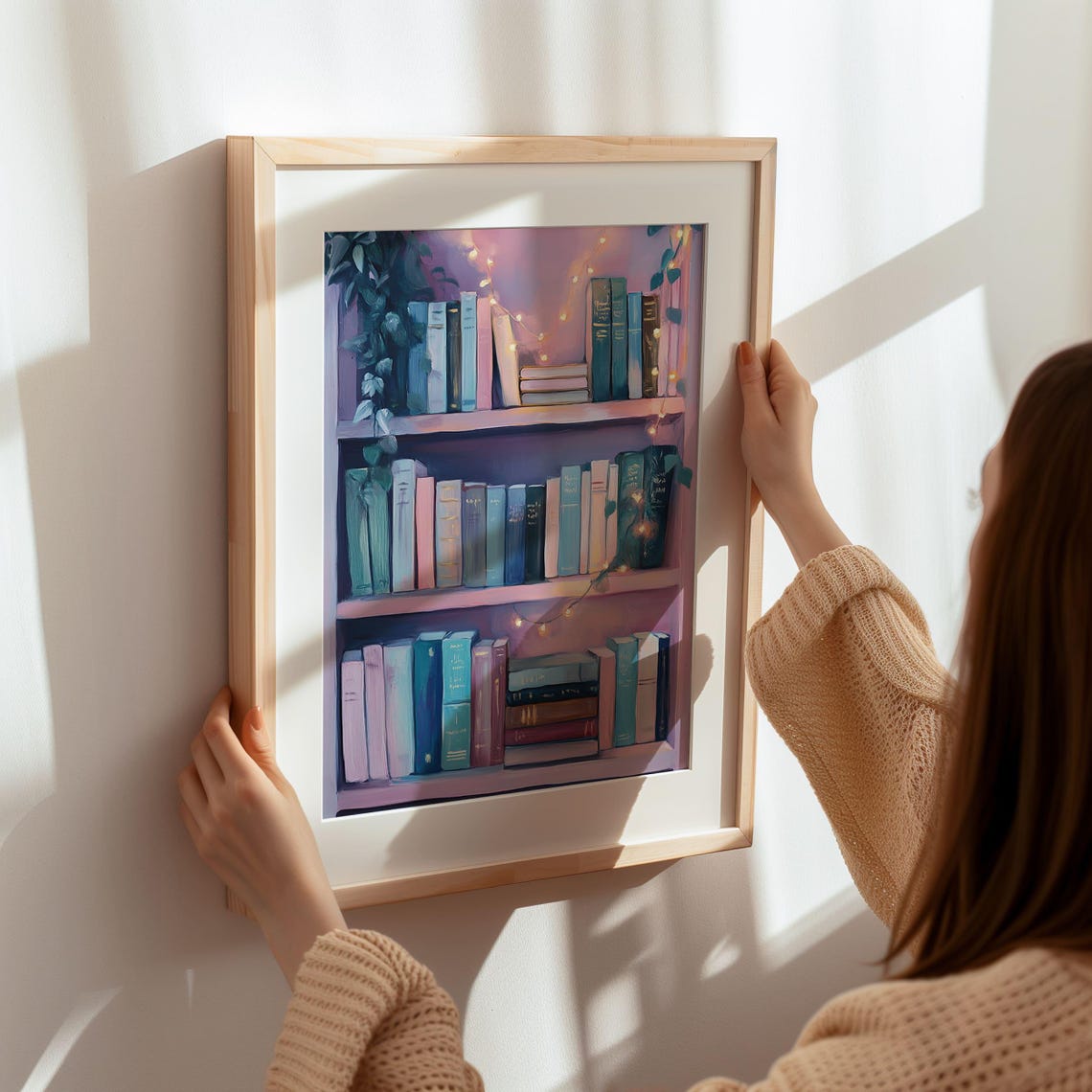 Pastel Pink Bookshelf With Glowing Fairy Lights Cozy Decor Poster - Image 6