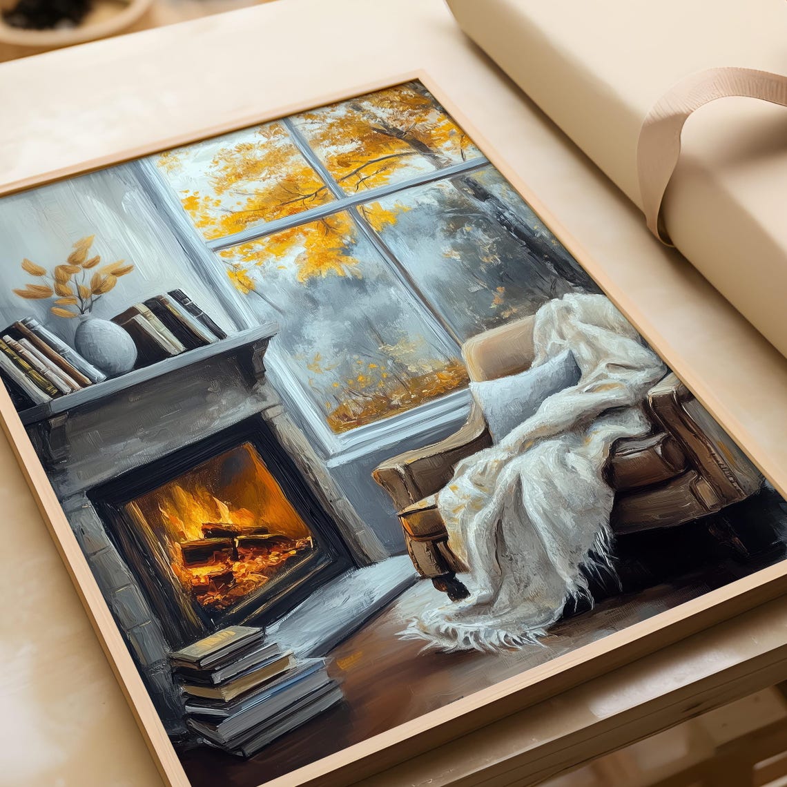 Cozy Fireplace Reading Corner With Autumn Window View Poster - Image 6