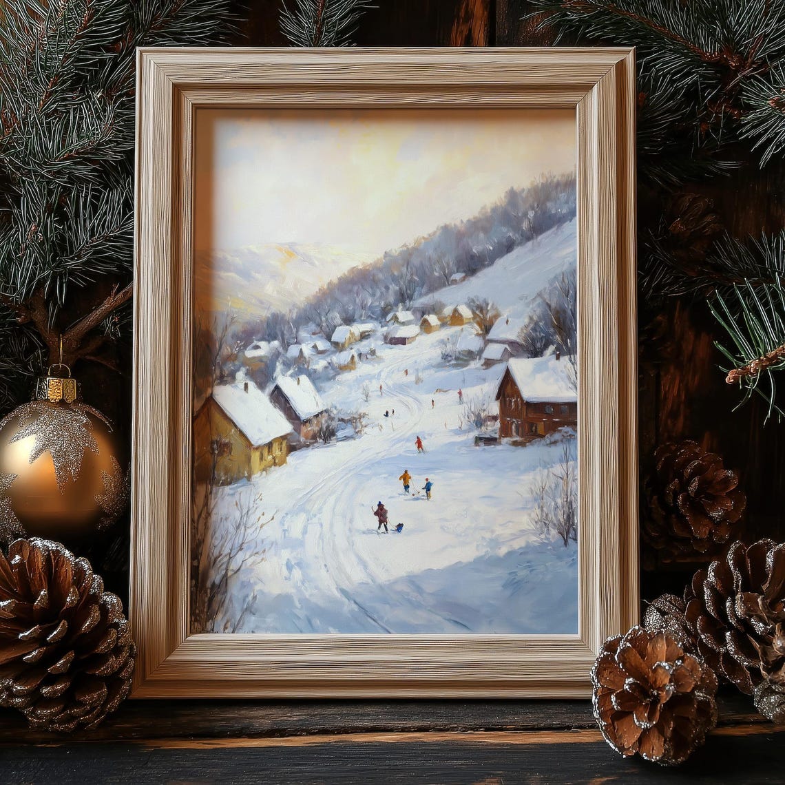 Vintage Winter Village Scene Children Sledding in Snow Poster - Image 4