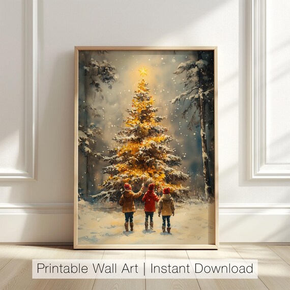 Three Children Admiring Glowing Christmas Tree Snowy Forest Poster