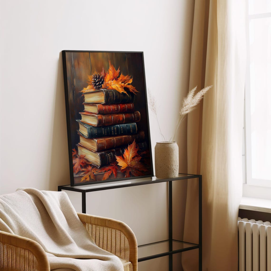 Vintage Autumn Book Stack Painting Fall Leaves Cozy Art Poster - Image 4