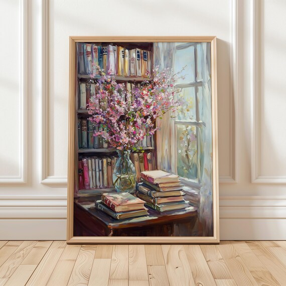 Vintage Bookshelf With Pink Blossoms By Sunlit Window Poster