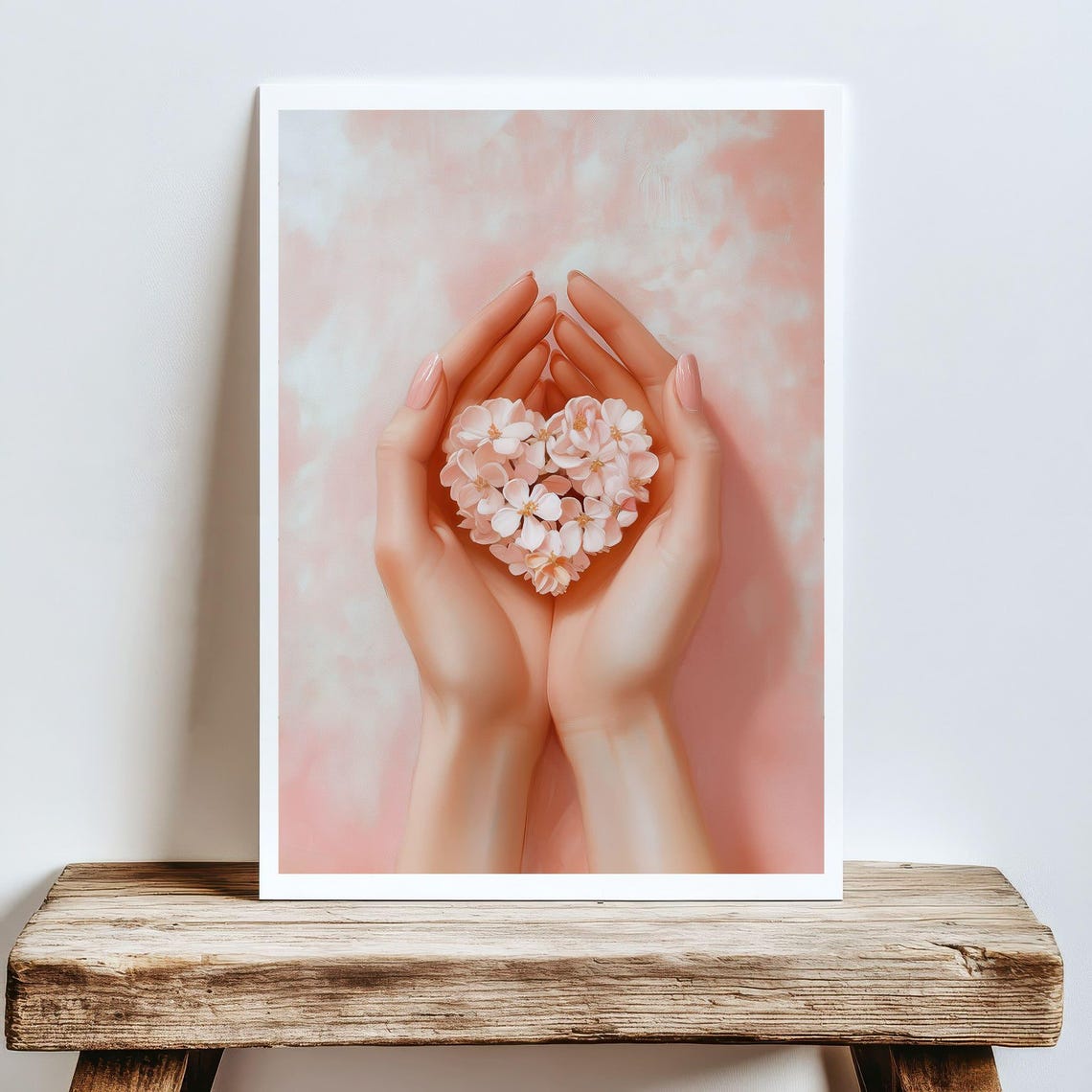 Two Cupped Hands Holding Heart Of White Blossoms Soft Pink Poster - Image 5