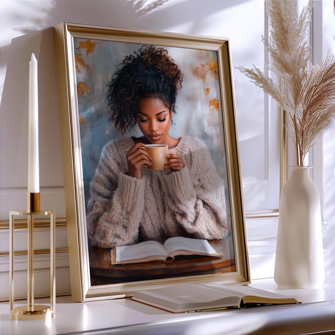 Black Woman In Knit Sweater With Coffee Autumn Reading Poster - Image 5
