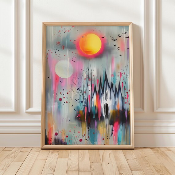 Colorful Gothic Castle Neon Drip Paint Haunted Sunset Wall Art