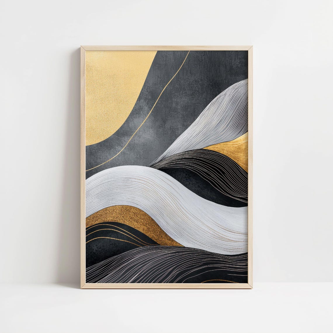 Set of Three Black and Gold Abstract Waves with Golden Sun Art Poster - Image 6