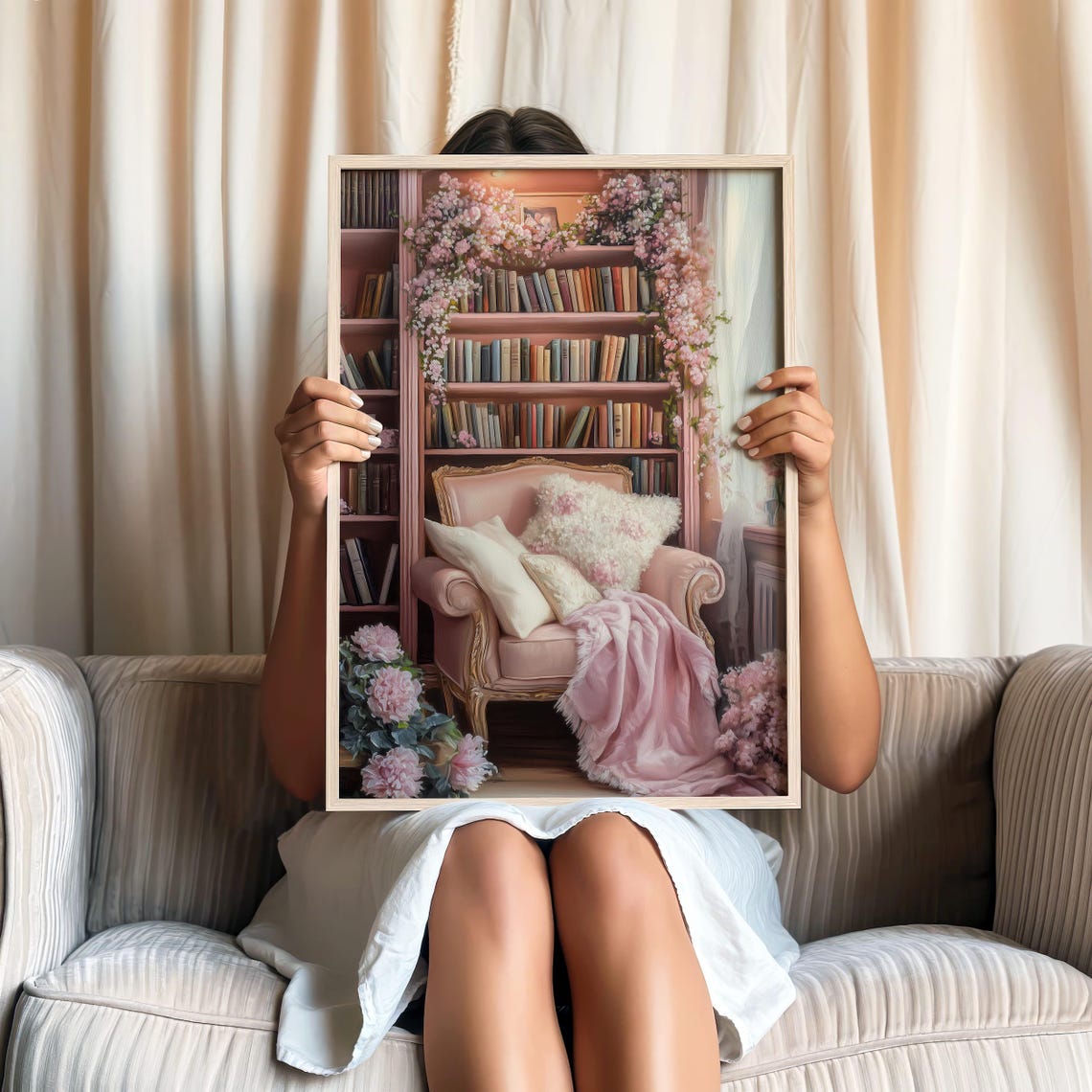 Pink Blush Reading Nook Plush Armchair With Cherry Blossoms Poster - Image 2