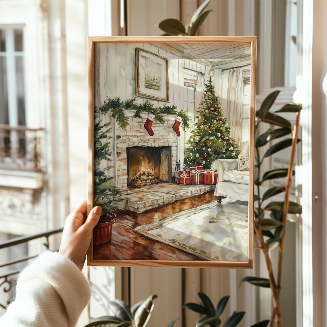 Watercolor Christmas Fireplace With Stockings Holiday Poster - Image 2
