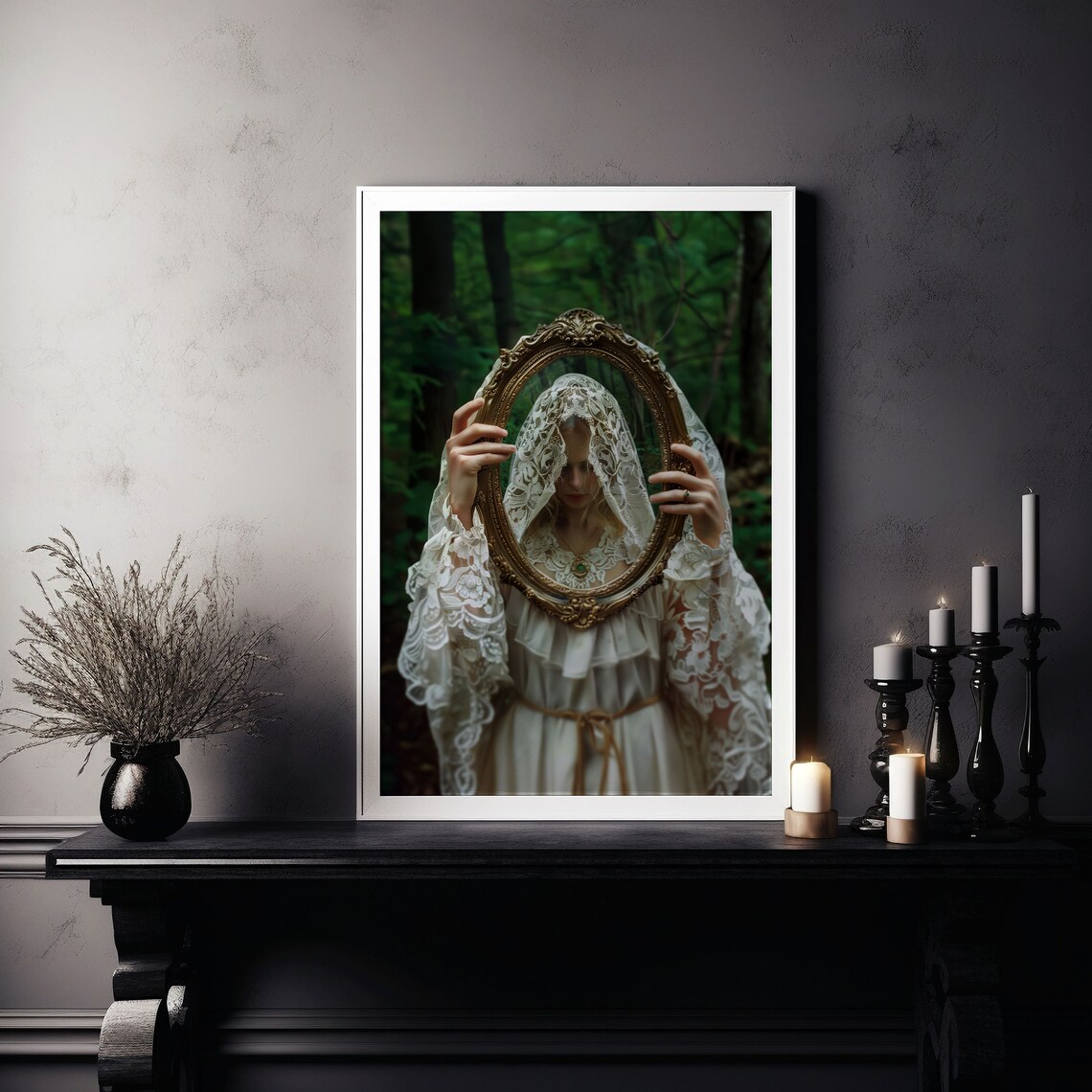 Dark Academia Woman Holding Golden Mirror In Forest Moody Art Poster - Image 3