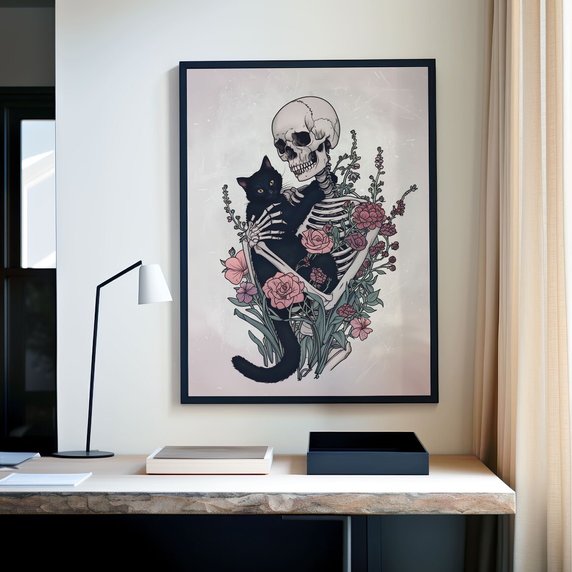 Gothic Skeleton With Cat, Dark Floral Art Print - Image 5