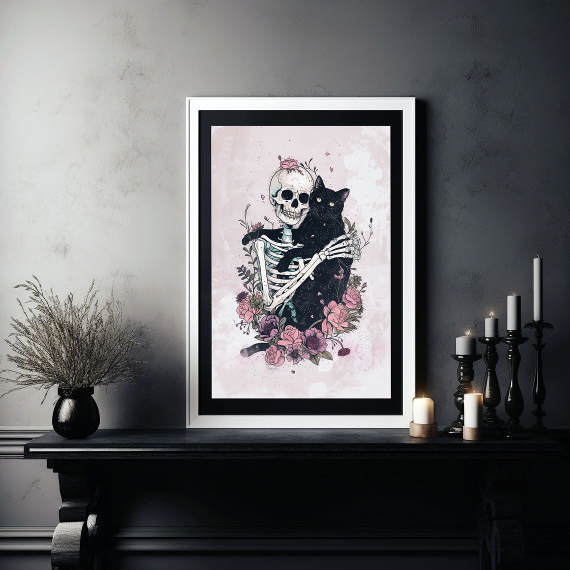 Gothic Skeleton Hugging Black Cat Dark Floral Illustration Print - Image 7