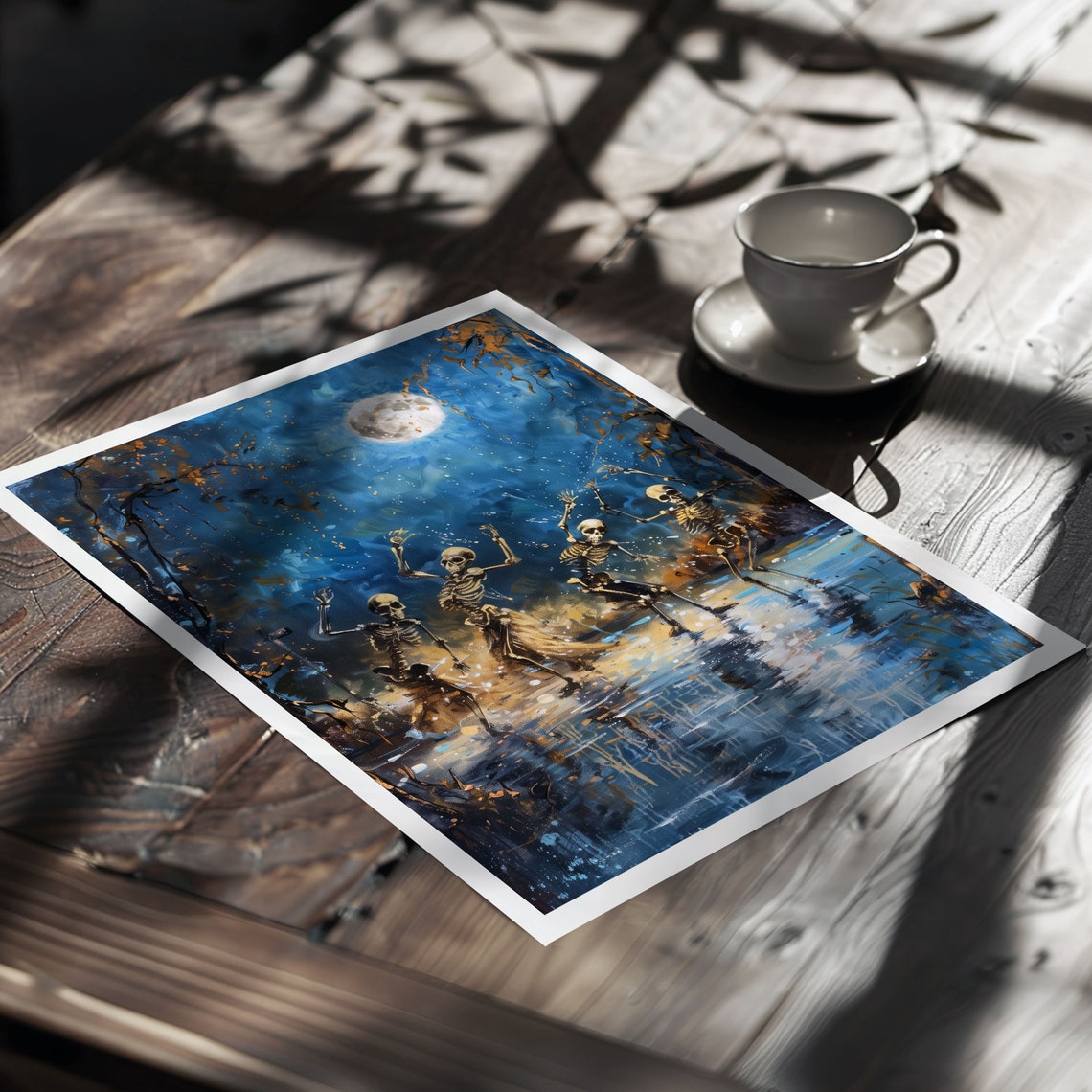 Dancing Skeletons Under Full Moon Spooky Halloween Night Poster - Image 2