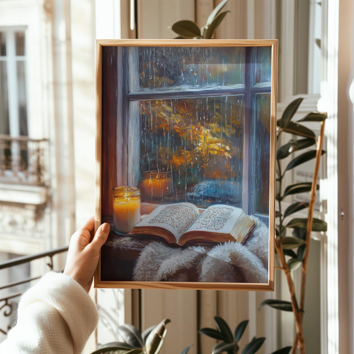 Cozy Fall Reading Nook Candle and Book by Rainy Window Art Poster - Image 5