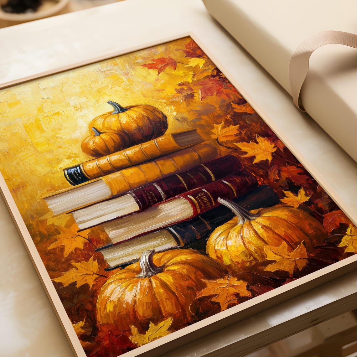 Pumpkin and Book Stack Golden Autumn Leaves Still Life Fall Art Poster - Image 6