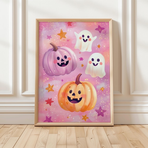 Cute Pink Pumpkin Ghosts Starry Sky Halloween Kawaii Style Poster