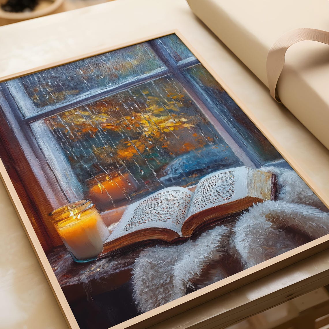 Cozy Fall Reading Nook Candle and Book by Rainy Window Art Poster - Image 4