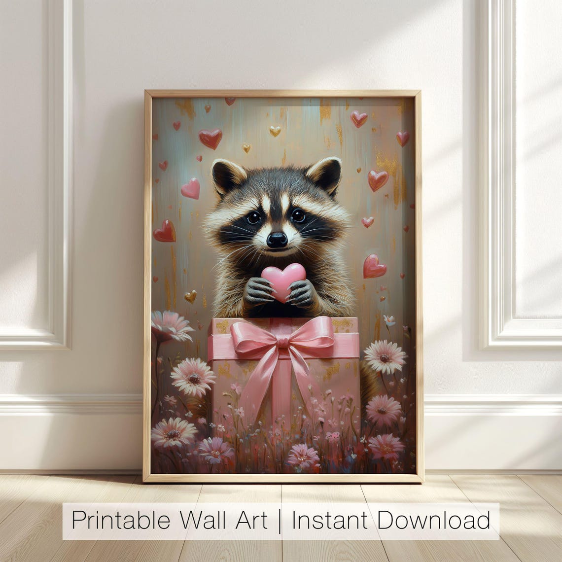 Cute Raccoon Wall Art Animal Valentine Raccoon Art Print Heart And Flowers Decor Love Print Kids Room Art