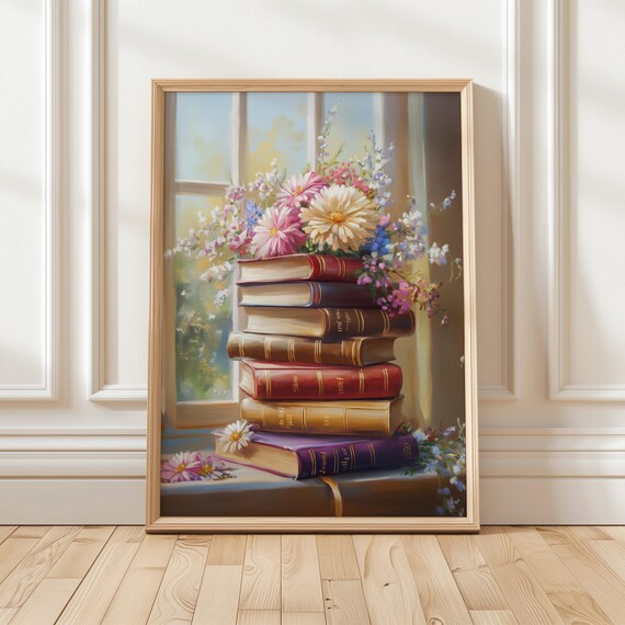 Vintage Books Stack With Flowers Window Literary Decor Poster