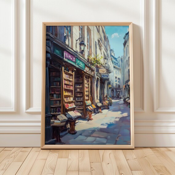 Paris Bookshop Street Painting Cozy Bookstore Europe Travel Poster