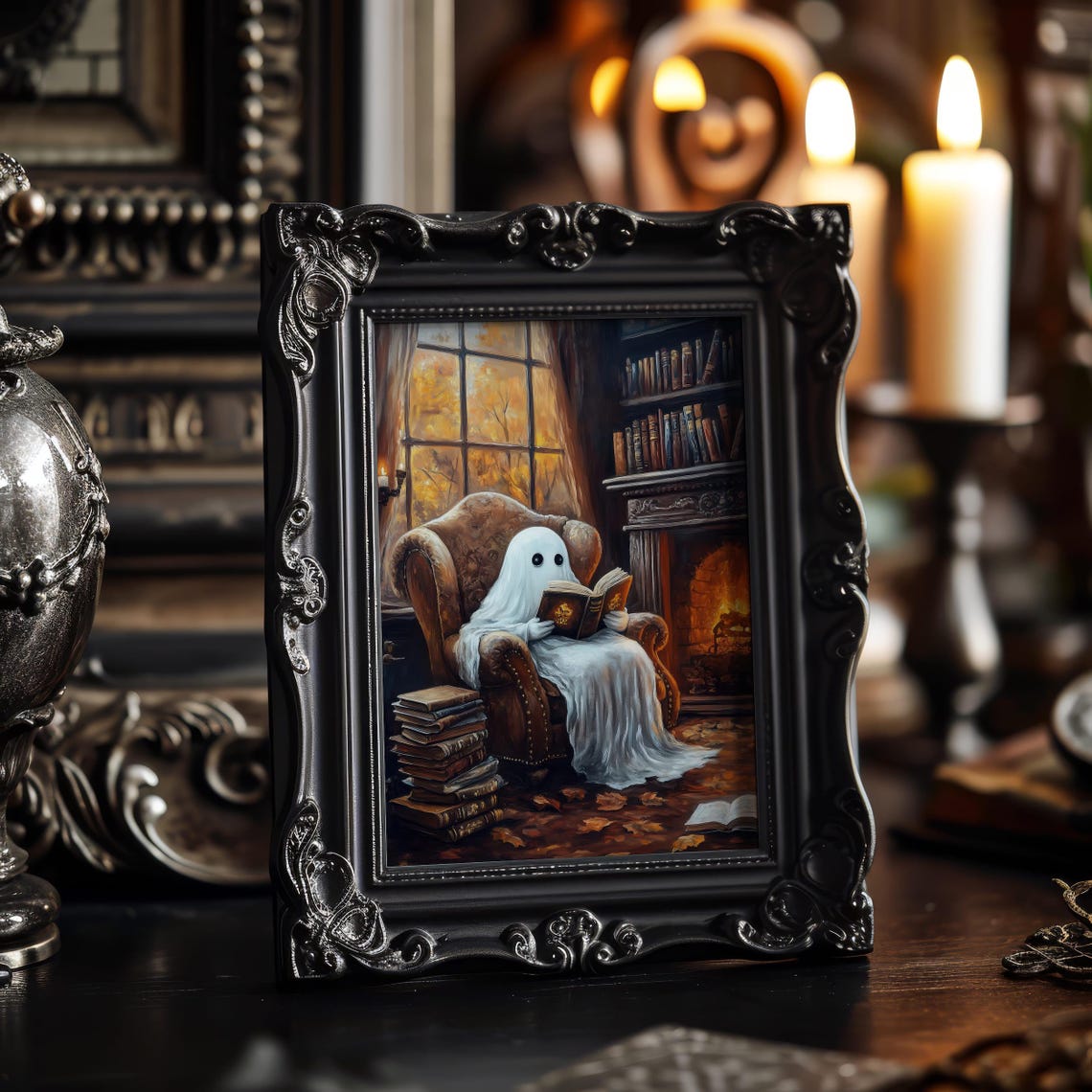 Cute Ghost Reading in Armchair by Fireplace Halloween Art Poster - Image 2