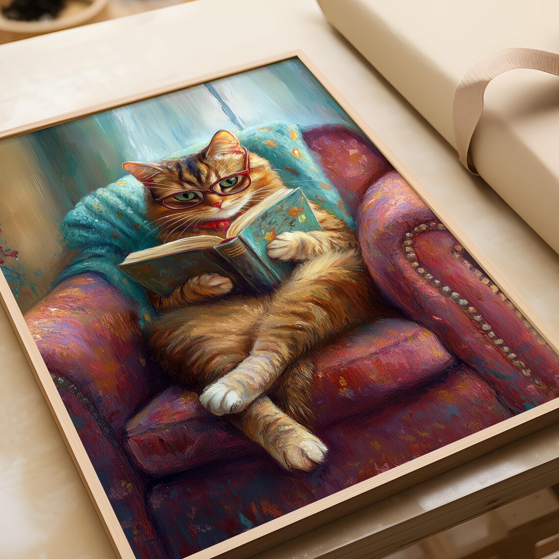 Cozy Cat Reading Art Print, Cute Home Library Decor - Image 5