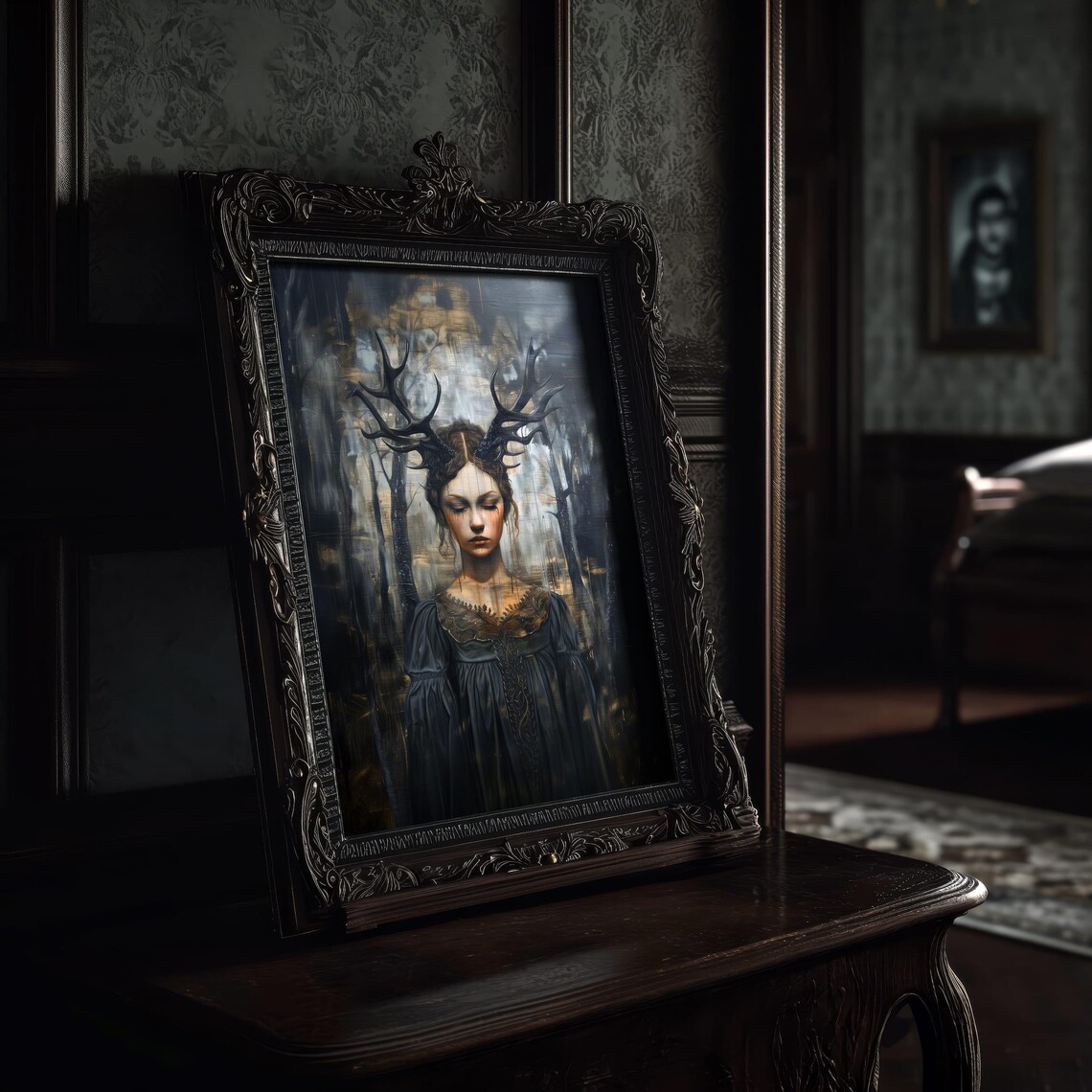 Gothic Antlered Woman Dark Forest Mystery Portrait Art Poster - Image 8