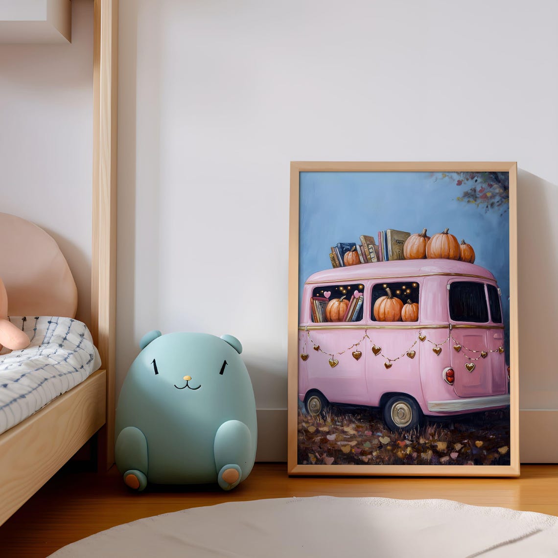 Pink Retro Van With Pumpkins and Books Fall Halloween Poster - Image 3