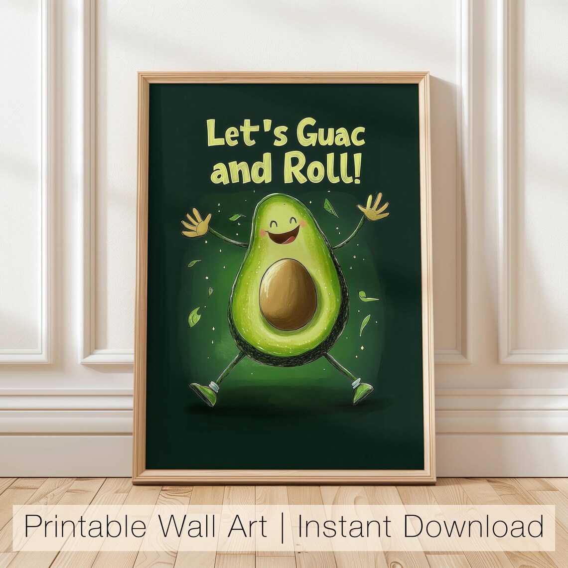 Funny Avocado Kitchen Art Let's Guac And Roll Printable Cute Food Wall Art Humorous Avocado Poster Kitchen Decor