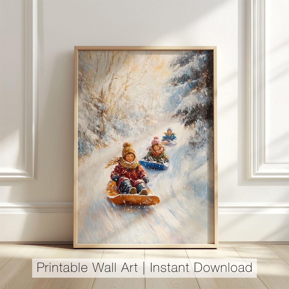 Vintage Winter Sledding Art Print, Christmas Decor