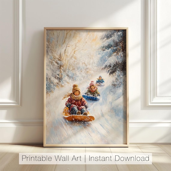 Vintage Winter Sledding Art Print, Christmas Decor