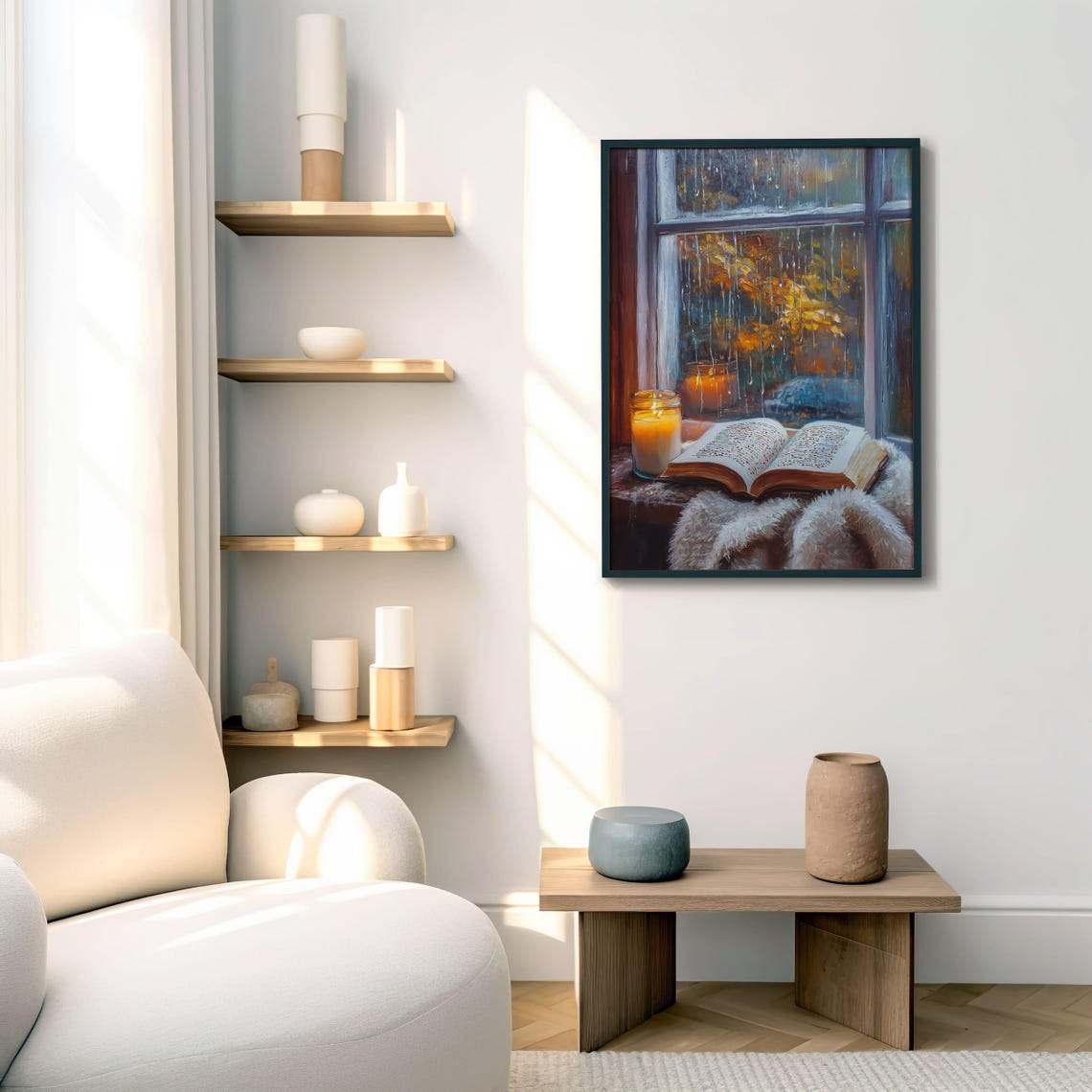 Cozy Fall Reading Nook Candle and Book by Rainy Window Art Poster - Image 7