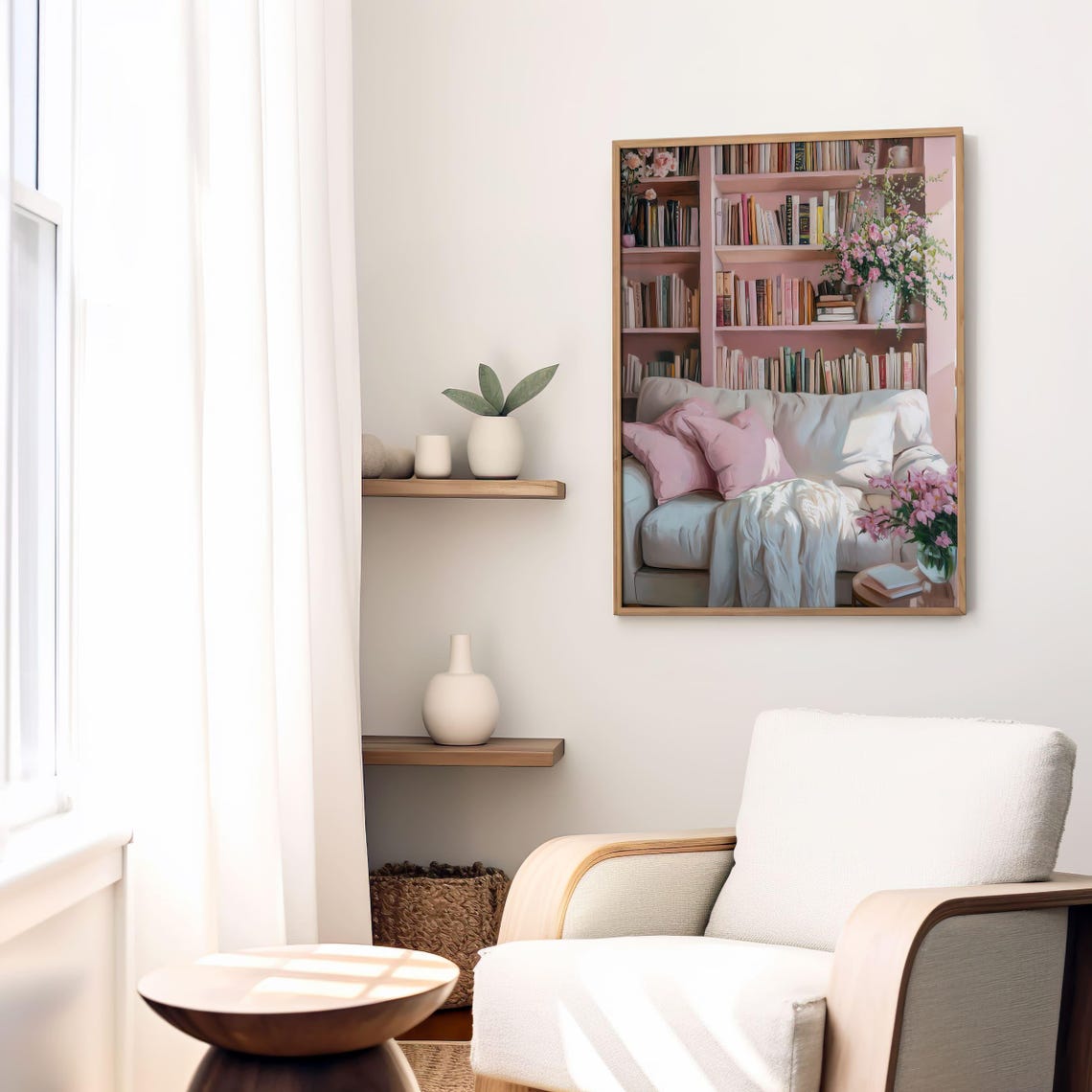 Cozy Pink Reading Nook Bookshelf Floral Book Lover Cozy Decor Wall Art - Image 8
