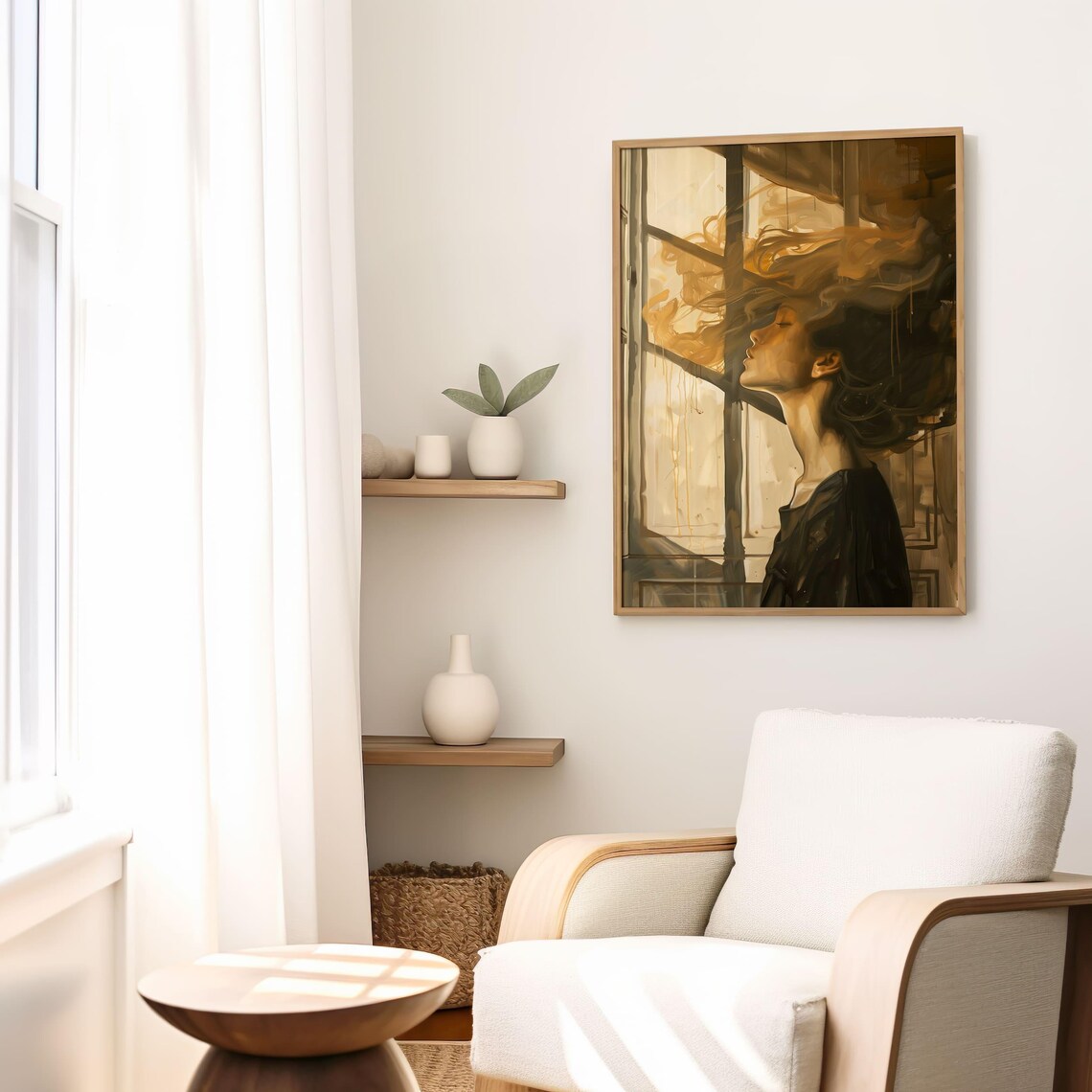 Dreamy Woman Golden Windblown Hair Window Portrait Art Poster - Image 5