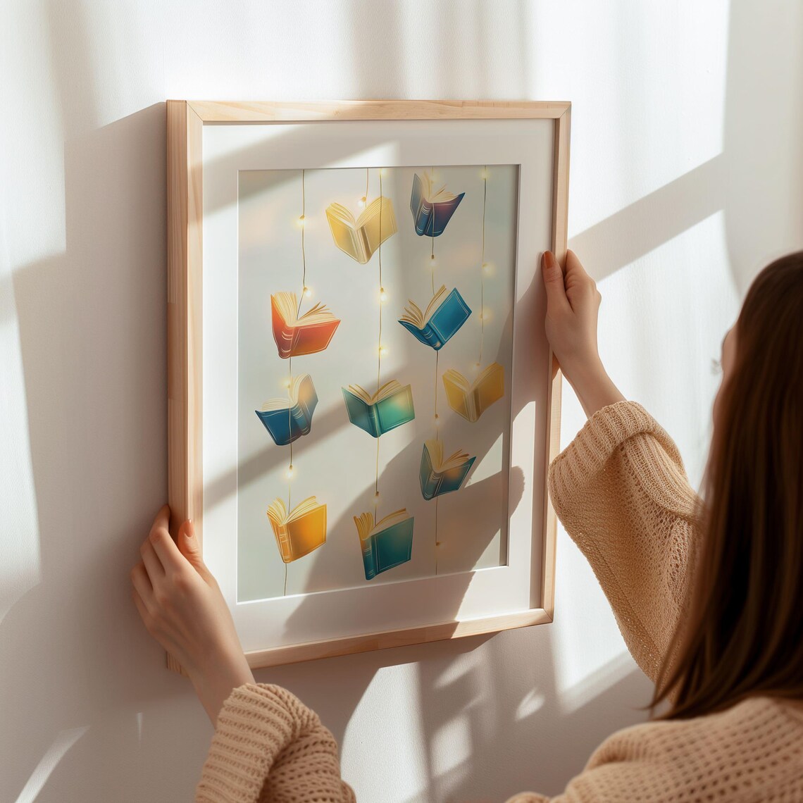 Colorful Floating Books With Fairy Lights Library Art Poster - Image 6