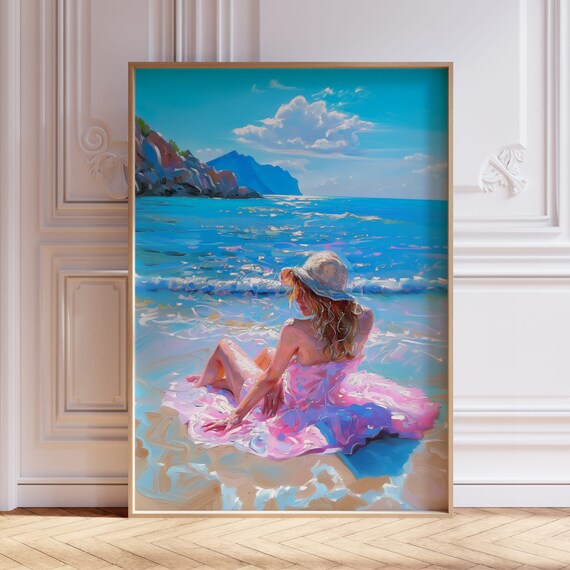 Woman In Pink Dress And Sun Hat At The Beach Coastal Art Poster