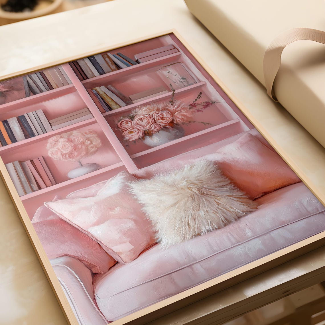 Pink Home Library Bookshelf Cozy Reading Nook Roses Decor Wall Art - Image 6