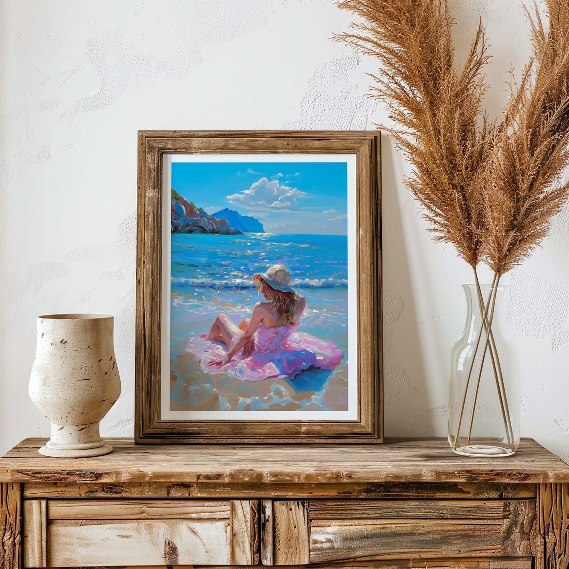 Woman In Pink Dress And Sun Hat At The Beach Coastal Art Poster - Image 4